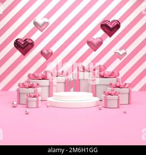 Confezione regalo bianca con 3D rendering e sfondo a strisce rosa Foto Stock