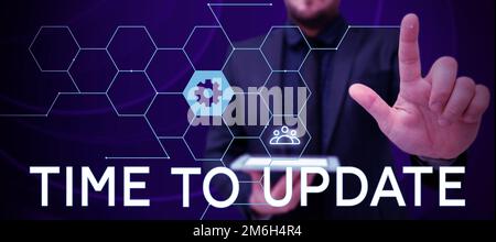 Tempo di aggiornamento delle didascalie concettuali. Parola scritta sulle ultime informazioni su una particolare situazione Foto Stock