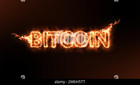Criptovaluta Bitcoin su fuoco su sfondo nero Foto Stock