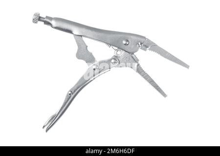 Pinza con ganasce di bloccaggio in metallo isolata su bianco. Foto Stock