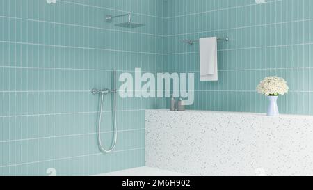 3D rendering doccia a pioggia testa in bagno verde, piastrelle verde parete in bagno, asciugamani in bagno Foto Stock