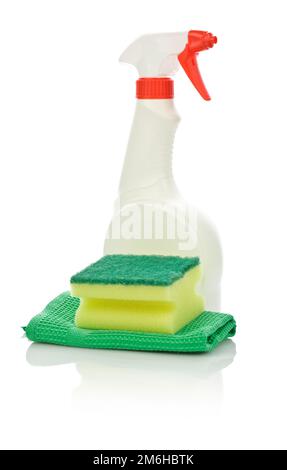 flacone spray bianco e accessori per la pulizia Foto Stock