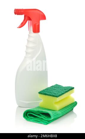 Spray bianco bottiglia e accessori per la pulizia Foto Stock