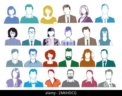 Gruppo di persone ritratto, volti isolati su sfondo bianco. Illustrazione Foto Stock