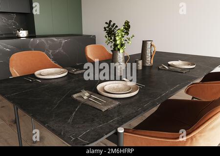 Sala da pranzo moderna e minimale con tavolo in marmo e sedie in tonalità rosse. Arredamento cucina interna con piante e piatti. Pareti bianche, interni boho Foto Stock