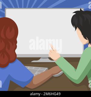 Abbinare i disegni utilizzando un computer desktop aiutandosi a vicenda nel portare a compimento il lavoro. Uomo che punta ad Un grande schermo vuoto di monitor aiutare Foto Stock