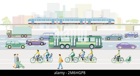 Colorata silhouette cittadina con ciclisti, pedoni e traffico stradale, illustrazione Foto Stock