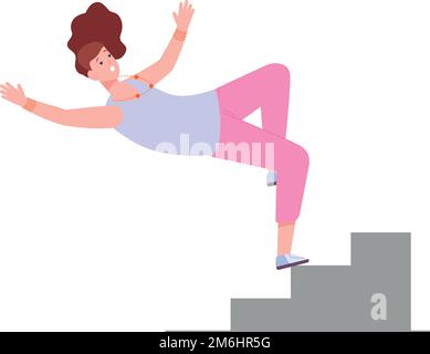 Donna che cade dalle scale. Caduta crash isolato su sfondo bianco Illustrazione Vettoriale