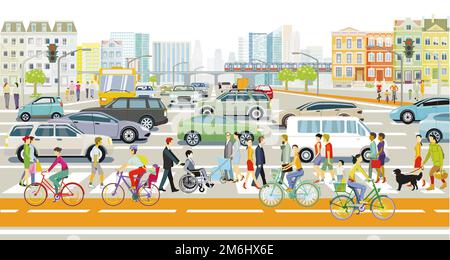 Silhouette cittadina con pedoni all'attraversamento della zebra e trasporti pubblici e ciclisti, illustrati Foto Stock