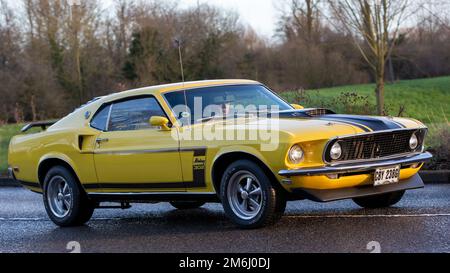 1969 giallo classico Ford Mustang American auto Foto Stock