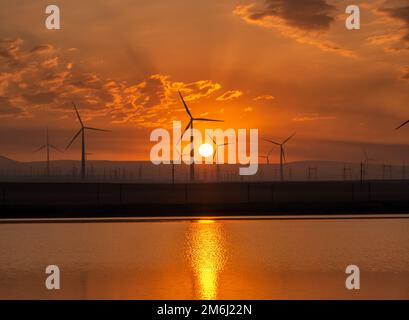 Turbine a vento all'alba con riflessione Foto Stock