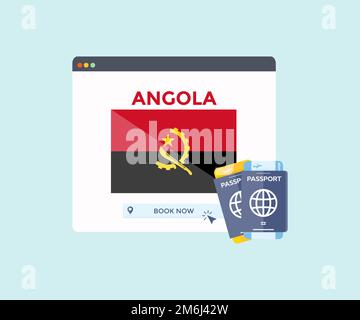 Servizio di prenotazione online sul sito web del browser, viaggio, pianificazione di viaggio paese Angola National flag logo design. Prenotazione online di biglietti aerei. Illustrazione Vettoriale