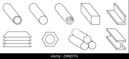 Set di icone dei prodotti in metallo. Fabbricazione di materie prime metalliche, parti, collezione lineare di icone. Illustrazione vettoriale Illustrazione Vettoriale