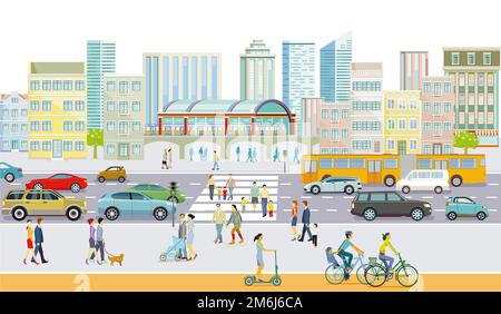 Silhouette cittadina con pedoni all'attraversamento della zebra e trasporti pubblici e ciclisti, illustrati Foto Stock