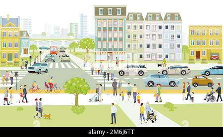 Silhouette cittadina con pedoni all'attraversamento della zebra e trasporti pubblici e ciclisti, illustrati Foto Stock
