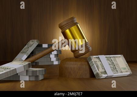 Giudice Gavel su tavola di legno con rupia indiana 100 Note di valuta - 3D Illustrazione Foto Stock