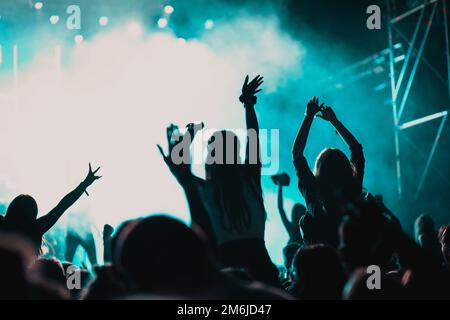 Tifoso folla con mani alzate al concerto - festival di musica Foto Stock