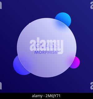 Sfondo effetto glassmorfismo. Cerchio trasparente in vetro opaco con sfere colorate. Tema scuro. Vettore Illustrazione Vettoriale