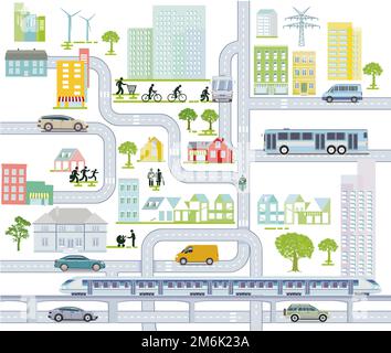 Mappa della città con traffico stradale e case, illustrazione delle informazioni Foto Stock