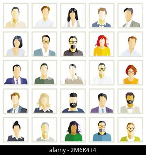 Gruppo di persone ritratto, volti isolati su sfondo bianco. Illustrazione Foto Stock