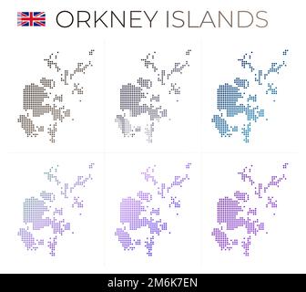 Set di mappe punteggiate delle Isole Orcadi. Mappa delle Isole Orcadi in stile punteggiato. Bordi dell'isola pieni di bei cerchi sfumati. Ve. Creativa Illustrazione Vettoriale