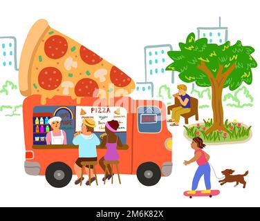 Un camion di Street food con un fornitore che vende pizza ai clienti nel parco cittadino. Cibo da take away all'aperto e concetto di piccola impresa. Foto Stock