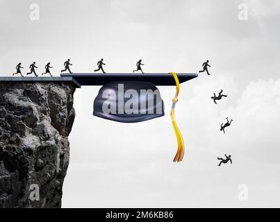 Sistema di istruzione fallito e fallimento di apprendimento o università fallita e perso opportunità di formazione come studenti che cadono da una scogliera a forma di una laurea Foto Stock