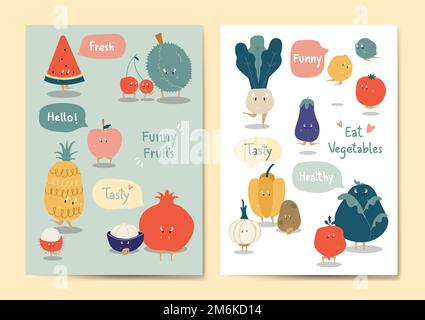 Divertente frutta e verdura insieme vettoriale Illustrazione Vettoriale