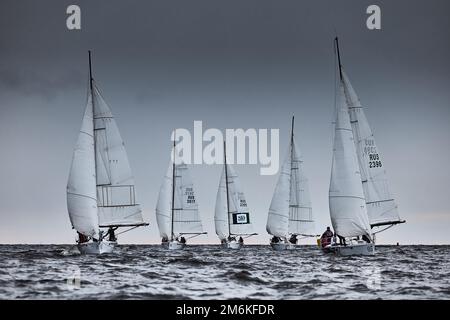 Russia, San Pietroburgo, 17 giugno 2022: Diverse barche a vela sono in corso completo, una gara di vela in tempesta tempo, lavoro di squadra a sai Foto Stock