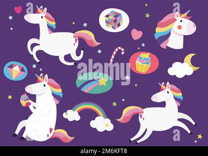 Simpatico unicorni con elemento magico adesivi vettore Illustrazione Vettoriale