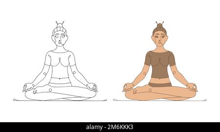 Illustrazione vettoriale di una ragazza che fa yoga e seduta nella posizione del loto. Una bella donna sta meditando. Foto Stock