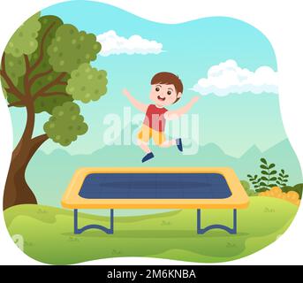 Illustrazione del trampolino con i bambini piccoli che saltano su un trampolino in mano disegnato piano Cartoon Estate attività all'aperto modello di sfondo Illustrazione Vettoriale