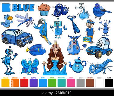 Set con personaggi e oggetti cartoni animati in blu Foto Stock