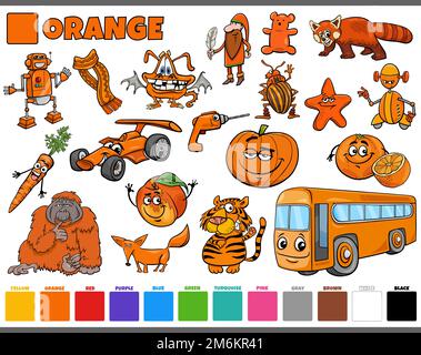 Set con personaggi e oggetti cartoni animati in arancione Foto Stock