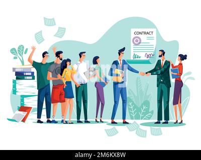 Conclusione del contratto e illustrazione vettoriale del concetto di lavoro di squadra. Uomini d'affari soddisfatti scuotono le mani contro l'accordo firmato con il sigillo e le firme, la donna si trova dietro con la mano sulla sua spalla Illustrazione Vettoriale