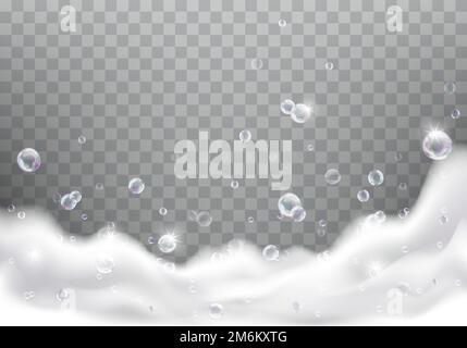 Immagine vettoriale realistica in schiuma da bagno su sfondo trasparente. Sapone bianco con bolle d'aria arcobaleno, bolle di shampoo o schiuma detergente struttura, cornice o bordo per il design Illustrazione Vettoriale