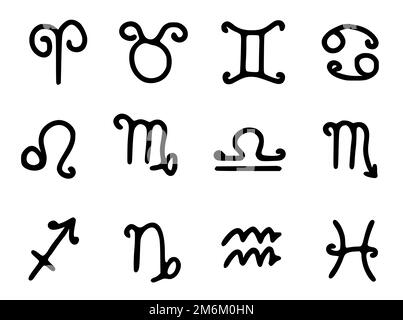 Set vettoriale di segni zodiacali in stile doodle isolato su sfondo bianco. Simboli oroscopo clip art. Foto Stock
