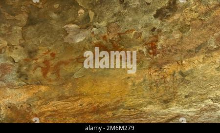 Raffigurazione di cacciatori a cavallo, Bhimbetka Rock Shelters, Raisen, Madhya Pradesh India. Foto Stock