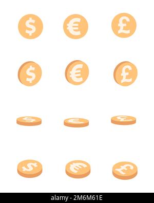 Set vettoriale di monete in dollari, euro e sterlina in stile piatto. Clip finanza e banche art. Foto Stock