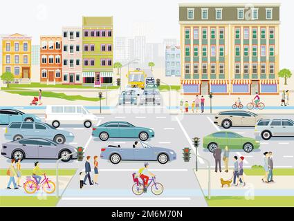 Profilo della città con traffico stradale e pedoni sul passaggio pedonale, illustrazione Foto Stock