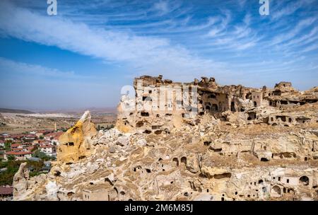 Cavusin ha rovinato villaggio roccioso in Cappadocia, Turchia. Foto Stock