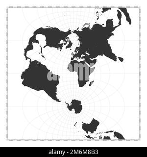 Mappa del mondo vettoriale. Proiezione trasversale sferica di Mercatore. Mappa geografica del mondo con linee di latitudine e longitudine. Centrato a 0deg longitudine Illustrazione Vettoriale