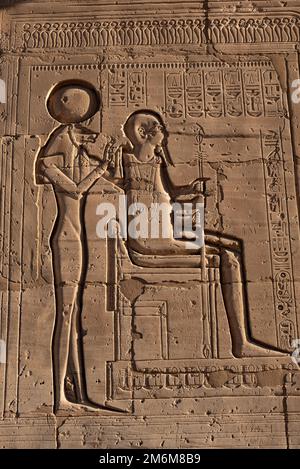 Dettagli del rilievo geroglifico dal Ramesseum, tempio memoriale o tempio mortuario del faraone egiziano Ramesses II, parte della necropoli tebana sulla t Foto Stock