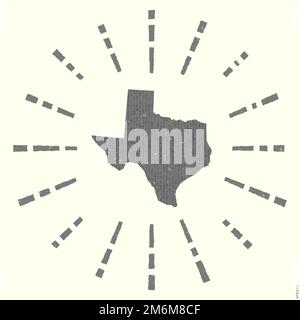 Logo Texas. Poster grunge Sunburst con mappa dello stato degli Stati Uniti. Forma del Texas riempita con cifre esagonali con raggi solari intorno. Illustrazione Vettoriale