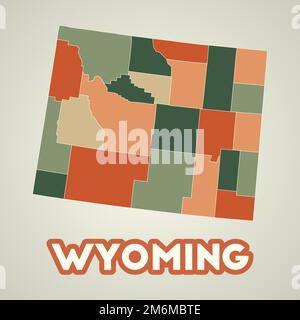 Poster Wyoming in stile retrò. Mappa dello stato degli Stati Uniti con le regioni nella tavolozza dei colori autunnali. Forma del Wyoming con il nome dello stato. Vettore moderno illustrati Illustrazione Vettoriale