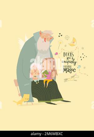 Illustrazione del nonno di Cartoon con i capretti che leggono il libro Illustrazione Vettoriale