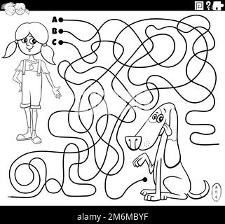 Gioco di labirinto con la ragazza cartoon e la sua pagina di colorazione cane Foto Stock
