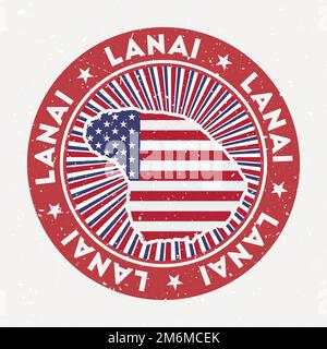 Lanai round stamp. Logo of island with flag. Vintage badge with circular text and stars, vector illustration. Illustrazione Vettoriale