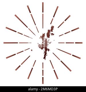 Scoppio di sole in pendenza sulla terraferma. Mappa dell'isola con raggi stellari colorati. Illustrazione della terraferma in digitale, tecnologia, Internet, stile di rete. Illustrazione Vettoriale