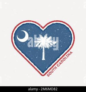 Badge con bandiera del South Carolina Heart. Logo South Carolina con texture grunge. Flag della forma del cuore dello stato US. Illustrazione vettoriale. Illustrazione Vettoriale